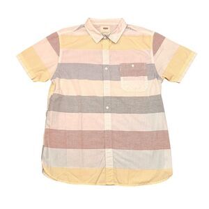 Levi Strauss Men's Short Sleeve Shirt Button White Yellow Blue‎ Strip Large